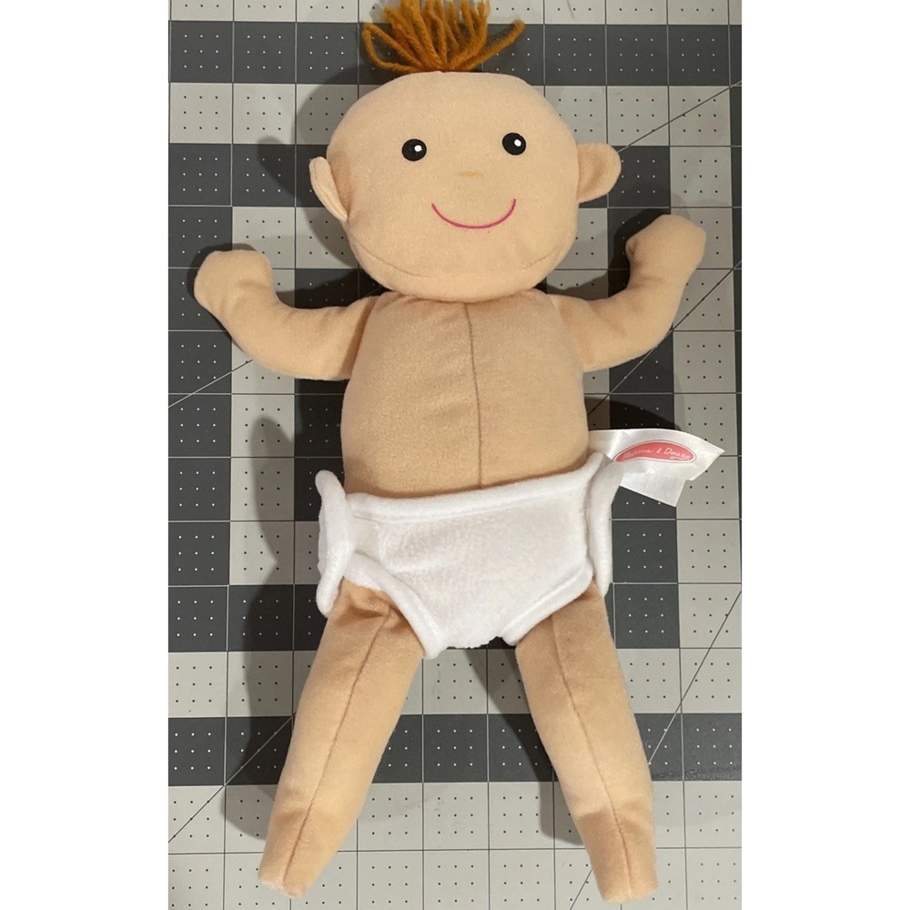 Melissa & Doug Soft Plush Baby Doll Removable Hook & Loop Diaper Happy Face 12in